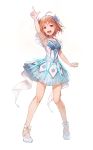  1girl :d absurdres ahoge arm_up armpits bangs bare_legs blue_dress bow choker collarbone dress flower full_body hair_flower hair_ornament hairband highres hotechige layered_dress looking_at_viewer love_live! love_live!_school_idol_project no_socks open_mouth orange_hair pointing pointing_up red_eyes shoe_bow shoes short_hair simple_background sleeveless sleeveless_dress smile solo standing takami_chika tareme white_background white_bow white_choker white_footwear white_hairband 