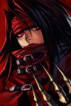  1boy black_hair bright_pupils claws closed_mouth copyright_request hand_up hankuri headband high_collar long_hair looking_at_viewer male_focus red_background red_eyes simple_background solo vincent_valentine 