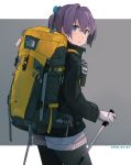  1girl air_kon alternate_costume backpack bag black_legwear blue_eyes dated gloves grey_shorts hair_between_eyes kantai_collection long_sleeves pantyhose pink_hair product_placement shiranui_(kantai_collection) short_hair short_ponytail short_shorts shorts solo the_north_face white_gloves 
