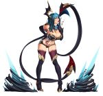  1girl absurdres bare_shoulders black_gloves black_legwear blood blue_eyes blue_hair boots breasts cleavage demon_girl demon_tail demon_wings elbow_gloves evelynn gloves hand_on_hip high_heels highres horns large_breasts league_of_legends lips looking_at_viewer midriff naughty_face navel nikita_varb simple_background smile solo spikes tail tattoo thigh-highs thigh_boots tongue very_long_tail white_background wings 