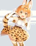  1girl :d animal_ears armpits bangs bare_shoulders blush breasts character_name claw_pose commentary elbow_gloves english_commentary eyebrows_visible_through_hair gloves hands_up high-waist_skirt hitsukuya kemono_friends leaning_to_the_side looking_at_viewer medium_breasts open_mouth orange_eyes orange_hair orange_legwear orange_skirt serval_(kemono_friends) serval_ears serval_print serval_tail shirt short_hair skirt sleeveless sleeveless_shirt smile solo tail thigh-highs twitter_username white_gloves white_shirt 