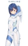  1girl arms_behind_back blue_hair blush bodysuit breasts closed_mouth covered_navel cowboy_shot darling_in_the_franxx english eyebrows_visible_through_hair fangxiang_cuoluan green_eyes hair_ornament hairclip highres ichigo_(darling_in_the_franxx) looking_at_viewer shiny shiny_clothes shiny_hair short_hair simple_background skin_tight small_breasts solo standing v-shaped_eyebrows white_background white_bodysuit 
