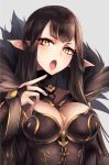 1girl :o bangs between_breasts black_dress blush breasts bridal_gauntlets brown_hair cleavage dress fate/grand_order fate_(series) fur-trimmed_dress fur_trim grey_background hand_up head_tilt highres index_finger_raised jazztaki large_breasts long_hair open_mouth pointy_ears semiramis_(fate) simple_background solo straight_hair tsurime upper_body yellow_eyes 