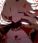  1girl blonde_hair blood blood_on_face blurry blurry_background blurry_foreground breasts cleavage closed_mouth commentary depth_of_field dress fate/extra fate_(series) floating_hair green_eyes hair_over_one_eye hiiragi_fuyuki large_breasts looking_at_viewer nero_claudius_(fate) nero_claudius_(fate)_(all) petals red_dress rose_petals sad_smile smile solo upper_body white_background 