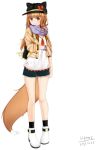  1girl alternate_costume animal_ears backpack bag boots bow bracelet brown_hair eyebrows_visible_through_hair hat holo jewelry long_hair red_eyes scarf shorts solo spice_and_wolf standing tail viktorf wolf_tail 