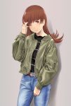  1girl ;) alternate_costume belt black_shirt blue_pants blush brown_eyes brown_hair casual closed_mouth denim eyebrows_visible_through_hair green_jacket grey_background hand_up highres jacket jeans kantai_collection long_hair long_sleeves looking_at_viewer one_eye_closed ooi_(kantai_collection) open_clothes open_jacket pants pocket puffy_long_sleeves puffy_sleeves shiny shiny_hair shirt simple_background smile solo striped striped_shirt tareme unzipped wa_(genryusui) zipper 