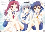  3girls :d :o absurdres alternate_hairstyle bangs bare_shoulders barefoot belly_peek beret blue_eyes blue_hair blue_neckwear blue_shorts blush brown_eyes chimame-tai eyebrows_visible_through_hair fang gochuumon_wa_usagi_desu_ka? hair_between_eyes hat highres huge_filesize jouga_maya kafuu_chino korie_riko long_hair looking_at_viewer multiple_girls natsu_megumi navel neckerchief open_mouth page_number parted_lips peaked_cap red_eyes red_neckwear redhead scan school_uniform serafuku shirt short_shorts shorts sidelocks sleeveless sleeveless_shirt smile toenails translation_request twintails very_long_hair white_hat white_shirt yellow_neckwear 