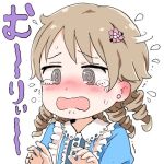  1girl @_@ bangs blue_shirt blush brown_eyes center_frills commentary_request eyebrows_visible_through_hair flying_sweatdrops frills gomennasai idolmaster idolmaster_cinderella_girls light_brown_hair long_hair lowres morikubo_nono nose_blush open_mouth ringlets shirt simple_background solo tears translation_request wavy_mouth white_background 