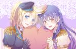  2girls ayase_eli bangs black_gloves blonde_hair blue_eyes blue_hair blush commentary_request epaulettes erito eyebrows_visible_through_hair gloves hair_between_eyes hat heart holding long_hair looking_at_viewer love_live! love_live!_school_idol_festival love_live!_school_idol_project multiple_girls open_mouth ponytail scrunchie sonoda_umi white_gloves yellow_eyes 