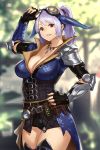  1girl arm_guards arm_up armor belt belt_buckle blurry blurry_background breasts buckle cleavage commentary_request day elbow_gloves elbow_pads fingerless_gloves fingernails gloves goggles goggles_on_head grin hand_on_hip highres horns houtengeki jewelry large_breasts long_hair looking_at_viewer monster_hunter monster_hunter:_world necklace original outdoors parted_lips ponytail purple_hair red_eyes shoulder_armor smile solo standing thigh-highs tzitzi-ya-ku_(armor) zettai_ryouiki 