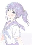  1girl blush character_request konayama_kata ponytail purple_hair school_uniform serafuku simple_background sketch solo violet_eyes white_background 