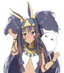  1girl alternate_hairstyle black_eyes black_hair blush commentary_request dark_skin earrings eyebrows_visible_through_hair fate/grand_order fate_(series) hairband highres hoop_earrings jewelry long_hair medjed nitocris_(fate/grand_order) pentagon_(railgun_ky1206) simple_background solo two_side_up upper_body very_long_hair white_background 