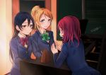  3girls ayase_eli bangs blazer blonde_hair blue_eyes blue_hair bow bowtie frown green_neckwear hair_between_eyes highres instrument jacket long_hair long_sleeves love_live! love_live!_school_idol_project metronome multiple_girls music nishikino_maki otonokizaka_school_uniform piano playing_instrument playing_piano ponytail red_neckwear redhead scrunchie signature smile sonoda_umi striped_neckwear suito sweatdrop violet_eyes yellow_eyes 