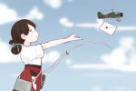  2girls aircraft airplane brown_hair clouds cloudy_sky commentary_request day fairy_(kantai_collection) folded_ponytail hair_ribbon jikkou-san_(zikko_san) kantai_collection kasuga_maru_(kantai_collection) letter long_hair looking_at_another looking_away multiple_girls outstretched_arms parted_lips ribbon sky taiyou_(kantai_collection) twitter_username 