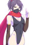  1girl arm_warmers black_eyes black_swimsuit breasts covered_mouth covered_navel hai_(h81908190) highleg highleg_swimsuit medium_breasts ninja original ponytail purple_hair red_scarf scarf short_hair simple_background solo swimsuit white_background 