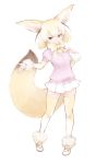  1girl animal_ears bangs blonde_hair bow bowtie breasts brown_eyes buttons closed_mouth eyebrows eyebrows_visible_through_hair facing_away fennec_(kemono_friends) fox_ears fox_tail full_body ise_(0425) kemono_friends legs_apart loafers looking_away looking_to_the_side miniskirt multicolored multicolored_clothes multicolored_hair multicolored_legwear pigeon-toed pink_shirt pleated_skirt shirt shoes short_hair simple_background skirt small_breasts smile solo standing tail thigh-highs two-tone_hair undershirt white_background white_footwear white_hair white_shirt white_skirt yellow_bow yellow_neckwear zettai_ryouiki 