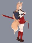  1girl animal_ears ass bag bangs blonde_hair brown_footwear e_draw_paint fate/extra_ccc_fox_tail fate/grand_order fate_(series) fox_ears fox_tail from_side full_body grey_background highres holding holding_sword holding_weapon katana kneehighs long_hair looking_at_viewer looking_back pleated_skirt red_legwear red_scrunchie red_skirt school_bag scrunchie short_sleeves side_slit skirt solo standing suzuka_gozen_(fate) sword tail very_long_hair weapon wrist_scrunchie yellow_eyes 