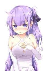  1girl absurdres ahoge azur_lane bangs bare_shoulders black_ribbon blush breasts cleavage collarbone commentary_request criss-cross_halter detached_sleeves eyebrows_visible_through_hair fingernails hair_between_eyes hair_bun hair_ribbon halterneck han_(hehuihuihui) hand_on_own_chest highres long_hair long_sleeves looking_at_viewer medium_breasts one_side_up parted_lips purple_hair ribbon side_bun simple_background sleeves_past_wrists solo unicorn_(azur_lane) very_long_hair violet_eyes white_background 