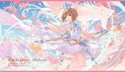  1girl angel_wings antenna_hair artist_name brown_hair card card_captor_sakura cherry_blossoms clear_card copyright_name cowboy_shot criin crown dress green_eyes highres kero kinomoto_sakura magical_girl petals short_hair solo standing standing_on_one_leg wand wings yume_no_tsue 