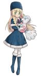  1girl :d alolan_vulpix alternate_costume bangs blonde_hair blue_capelet blue_dress blue_eyes blue_footwear blue_hat boots braid buttons capelet closed_mouth commentary dress expressionless floating_hair full_body fur-trimmed_boots fur-trimmed_dress fur-trimmed_sleeves fur_hat fur_trim green_eyes hat holding knee_boots lillie_(pokemon) long_hair long_sleeves looking_at_viewer meis_(terameisu) mittens neck_ribbon open_mouth pink_mittens pink_ribbon pokemon pokemon_(creature) pokemon_(game) pokemon_sm ribbon short_dress sidelocks simple_background smile standing straight_hair tareme thigh-highs twin_braids white_background white_legwear 