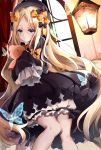  1girl abigail_williams_(fate/grand_order) animal bangs black_bow black_dress black_hat blonde_hair blue_eyes blush bow butterfly commentary_request dress eyebrows_visible_through_hair fate/grand_order fate_(series) forehead hair_bow hat highres indoors kisaragi_yuri lamp long_hair long_sleeves looking_at_viewer object_hug orange_bow parted_bangs parted_lips polka_dot polka_dot_bow sleeves_past_fingers sleeves_past_wrists solo stuffed_animal stuffed_toy teddy_bear very_long_hair window 