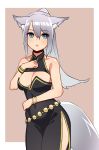  1girl animal_ears arm_across_waist bare_shoulders blue_eyes bracelet breasts cleavage collarbone covered_navel cowboy_shot eyebrows_visible_through_hair fox_ears fox_girl fox_tail hair_between_eyes halterneck highres jewelry large_breasts long_hair looking_at_viewer nezuko open_mouth original pink_background ponytail sidelocks silver_hair solo tail 