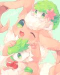  :3 :o aqua_background blush eevee fang green_eyes hideko_(l33l3b) hug looking_at_viewer no_humans on_head one_eye_closed open_mouth parted_lips pokemon pokemon_(creature) shaymin signature simple_background 