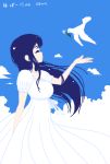  1girl arm_behind_back bangs bird blue_sky borrowed_character closed_eyes clouds completion_time dated dove dress floating_hair flower from_side hand_up limited_palette long_dress long_hair original puffy_short_sleeves puffy_sleeves shake-o short_sleeves sky solo white_dress 