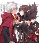  1boy 1girl absurdly_long_hair amakusa_shirou_(fate) bare_shoulders black_dress black_hair blush box breasts bridal_gauntlets cape chocolate commentary_request cross dark_skin detached_sleeves dress fate/apocrypha fate/grand_order fate_(series) fur_trim gift gift_box highres holding holding_gift large_breasts long_dress long_hair looking_at_another pointy_ears ribbon semiramis_(fate) spikes valentine very_long_hair white_hair wowishi yellow_eyes 