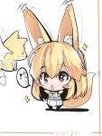  +_+ 1girl :&lt; animal_ears bangs bare_arms blonde_hair blush_stickers chibi dated eyebrows_visible_through_hair fox_ears fox_girl fox_tail hair_between_eyes holding holding_stuffed_animal long_hair original outstretched_arms parted_lips pleated_skirt red_eyes shirt skirt sleeveless sleeveless_shirt solo_focus sparkle stuffed_animal stuffed_fox stuffed_toy tail translation_request triangle_mouth very_long_hair white_background white_shirt white_skirt yuuji_(yukimimi) 