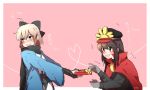  2girls black_hair black_scarf blonde_hair blush bow cape english fate_(series) gift gloves green_eyes hat heart heart_of_string hime_(sasukken) koha-ace long_hair long_sleeves looking_away multiple_girls oda_nobunaga_(fate) okita_souji_(fate) open_mouth peaked_cap pink_background red_cape red_eyes ribbon scarf short_hair sweat trembling valentine wide_sleeves yellow_bow yellow_ribbon yuri 