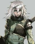  1boy armor blue_eyes copyright_request grey_background hair_between_eyes hankuri holding long_hair long_sleeves looking_at_viewer simple_background solo upper_body white_hair 