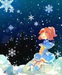  +_+ 1girl :d ana_(rznuscrf) arle_nadja blue_capelet blue_dress blue_footwear blush boots brown_eyes brown_hair carbuncle_(puyopuyo) dress fur-trimmed_boots fur-trimmed_capelet fur-trimmed_dress fur_trim hair_ornament hair_scrunchie high_ponytail knee_boots looking_up madou_monogatari night night_sky open_mouth outdoors ponytail puyopuyo rabbit rock scrunchie sitting sky smile snow snowflakes snowing tree upper_teeth white_scrunchie 