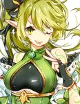  1girl ;p anemos_(elsword) black_bow black_gloves bow earrings elsword fingerless_gloves gloves green_eyes green_hair hair_bow jewelry long_hair looking_at_viewer no_nose one_eye_closed pointy_ears ponytail rena_(elsword) runia_(runia0) simple_background solo tattoo tongue tongue_out upper_body v white_background 