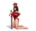  1girl brown_hair commentary crown highres holding jungon_kim kneeling long_hair looking_at_viewer open_mouth original shadow solo sword thighs weapon white_background 
