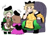  3girls black_hat blonde_hair blush boots brown_hair brown_hat chair dress green_dress green_hair green_skirt hat head_rest holding holding_stuffed_animal long_hair long_sleeves looking_at_another matara_okina multiple_girls nishida_satono open_mouth puffy_short_sleeves puffy_sleeves purple_dress short_hair_with_long_locks short_sleeves sitting skirt stuffed_animal stuffed_toy tabard tate_eboshi teddy_bear teireida_mai touhou white_background wide_sleeves yanagita_(daitai_2_ton) 