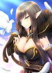  1girl animal animal_on_hand bangs between_breasts bird bird_on_hand black_dress blue_sky breasts bridal_gauntlets brown_hair cleavage closed_mouth clouds commentary_request dress eyebrows_visible_through_hair fate/grand_order fate_(series) feathers fingernails fur_trim head_tilt highres large_breasts long_hair looking_at_viewer nail_polish pink_nails pointy_ears semiramis_(fate) sky smile solo strapless strapless_dress taiki_ken very_long_hair white_feathers yellow_eyes 
