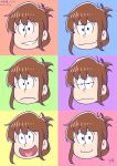  1girl :d annoyed bangs brown_hair closed_mouth dated expressions gurande_(g-size) heart heart_in_mouth highres inazuma_(kantai_collection) kantai_collection looking_at_viewer multicolored multicolored_background open_mouth osomatsu-san signature smile 