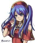  1girl alternate_hairstyle ane-suisei blue_eyes blue_hair blush dress embarrassed fire_emblem fire_emblem:_fuuin_no_tsurugi hat lilina long_hair simple_background solo twintails 