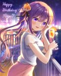  1girl :d bangs bare_arms blurry blurry_background blush bokeh commentary cup depth_of_field drink drinking_glass eyebrows_visible_through_hair flower food from_side fruit gochuumon_wa_usagi_desu_ka? hair_between_eyes hair_flower hair_ornament hairclip happy_birthday holding holding_drink long_hair looking_at_viewer looking_to_the_side mozukun43 night open_mouth orange orange_slice outdoors pink_skirt purple_hair railing shirt short_sleeves skirt smile solo tedeza_rize twintails twitter_username violet_eyes water white_shirt 