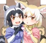  2girls animal_ears bow bowtie common_raccoon_(kemono_friends) extra_ears fennec_(kemono_friends) fox_ears fox_tail fur_collar heart highres japari_symbol kemono_friends multicolored_hair multiple_girls open_mouth pink_sweater raccoon_ears raccoon_tail striped_tail sweater tail takatsuki_nao 