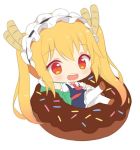 1girl :d bangs blonde_hair blue_dress blush brown_footwear chibi commentary donut doughnut dragon_horns dress elbow_gloves english_commentary eyebrows_visible_through_hair food gloves hairband hitsukuya horns in_food kobayashi-san_chi_no_maidragon looking_at_viewer maid maid_headdress necktie open_mouth pantyhose puffy_short_sleeves puffy_sleeves red_eyes red_neckwear round_teeth shoes short_sleeves simple_background sitting slit_pupils smile solo tail teeth tooru_(maidragon) twintails white_background white_gloves white_legwear wing_collar