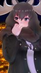  1girl absurdres alternate_costume antlers city_lights contemporary eye_reflection hand_in_front_of_face highres jacket kemono_friends long_hair matsuokazieg moose_(kemono_friends) moose_ears night reflection scarf 