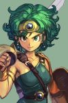  1girl belt breasts closed_mouth dragon_quest dragon_quest_iv dress earrings fingernails green_background green_dress green_eyes green_hair hankuri heroine_(dq4) holding holding_sword holding_weapon jewelry looking_at_viewer medium_breasts over_shoulder scimitar serious shield short_hair simple_background smile solo sword tiara upper_body weapon weapon_over_shoulder 