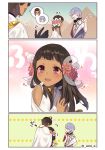  1girl 2boys black_hair blush brown_hair cape closed_eyes comic commentary_request dark_skin earrings egypt egyptian egyptian_clothes fate/prototype fate/prototype:_fragments_of_blue_and_silver fate_(series) flower hair_flower hair_ornament heart hug jewelry moses_(fate/prototype_fragments) multiple_boys nefertiti_(fate/prototype_fragments) omi_(tyx77pb_r2) open_eyes open_mouth ozymandias_(fate) pink_eyes pink_flower pyramid silver_hair smile twitter_username white_cape 