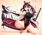  1girl 8000 azur_lane bangs breasts brown_hair cleavage closed_mouth coat collarbone competition_swimsuit eyebrows_visible_through_hair full_body gradient gradient_background hair_bun hair_ornament hair_ribbon large_breasts long_hair looking_at_viewer one-piece_swimsuit open_clothes open_coat red_ribbon ribbon shiny shiny_hair solo squatting standing swept_bangs swimsuit sword weapon white_coat yellow_eyes zuikaku_(azur_lane) 