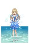  1girl :d barefoot blonde_hair blue_dress closed_eyes dress facing_viewer full_body highres long_hair official_art open_mouth princess_(princess_principal) princess_principal princess_principal_game_of_mission smile sparkle splashing standing transparent_background water 