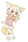  1girl :3 :d animal_ears blonde_hair bow bowtie breast_pocket brown_eyes doremifa_rondo_(vocaloid) extra_ears eyebrows_visible_through_hair fennec_(kemono_friends) fox_ears fox_tail full_body fur_trim hand_up highres kemono_friends looking_at_viewer miniskirt official_art open_mouth pink_sweater pleated_skirt pocket short_hair short_sleeves simple_background skirt smile solo sweater tail tama_(songe) thigh-highs white_background white_footwear white_skirt yellow_legwear yellow_neckwear zettai_ryouiki 