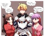  1boy 2girls ? armor black_bow blue_eyes bow brown_background confused english fate/grand_order fate/prototype fate/stay_night fate_(series) hair_bow hair_ribbon highres hime_(sasukken) long_hair long_sleeves looking_at_another matou_sakura multiple_girls open_mouth purple_hair red_ribbon ribbon saber_(fate/prototype) shaded_face short_hair sketch smile sweat thought_bubble tohsaka_rin twintails violet_eyes 