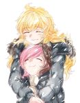  2girls check_commentary closed_eyes coat commentary_request height_difference highres hug hug_from_behind multiple_girls neo_(rwby) rwby snowing tl yang_xiao_long yuri 